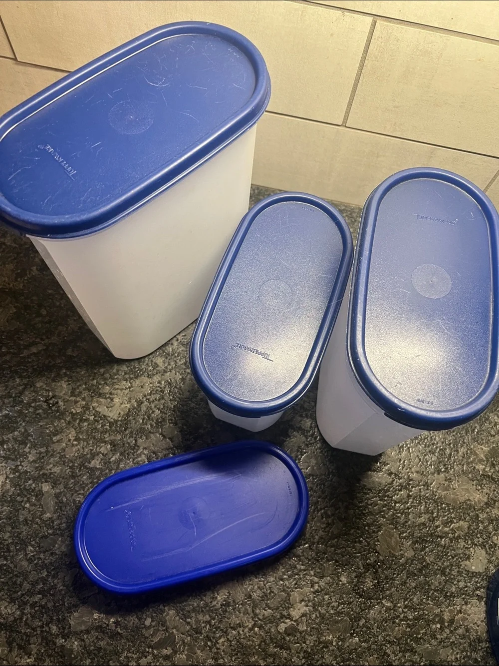 Set of 4 Blue Tupperware Modular Mates. Stacking. Closet organizing. FRESH FOOD